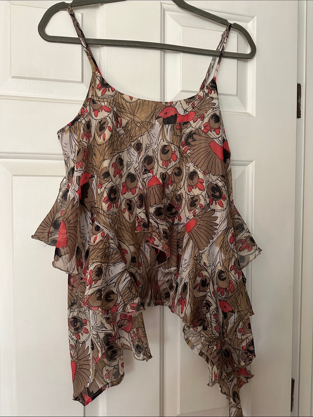 Vero Moda Brown and Red Layered Bird & Feather-Print Camisole